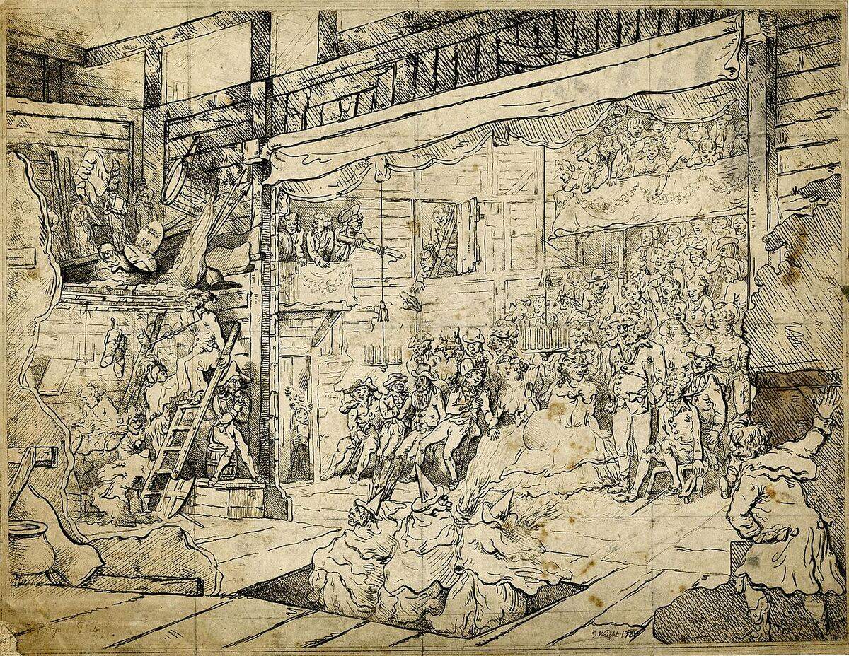 An etching of a country theatre seen from behind the stage, actors waiting in the wings and players on stage